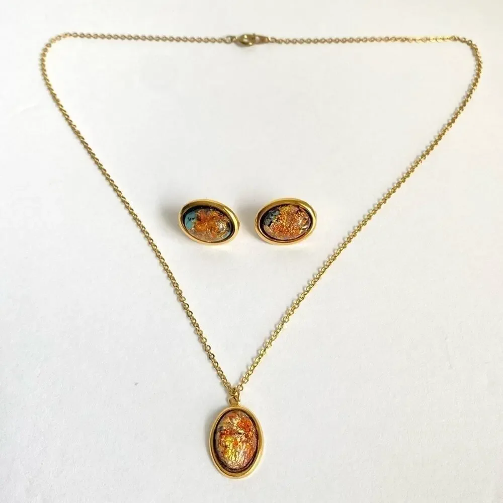 Vintage 60s Dragons Breath Necklace Earrings‎ Set Gold Tone Clip On Estate Piece